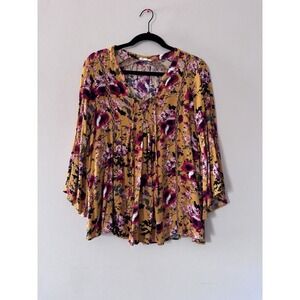 ODDY Women's Multicolor Yellow Floral Boho Hi-Low Baby Doll Top Sz L Oversized